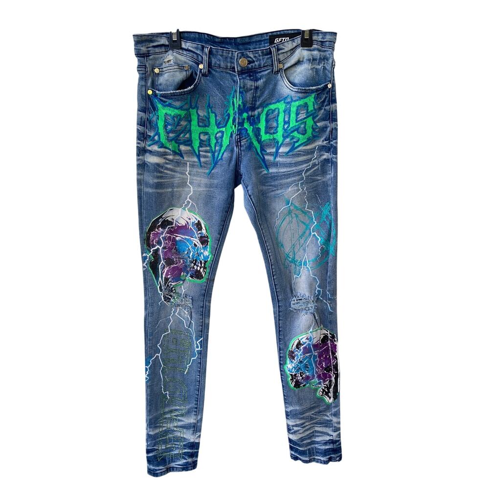 GFTD LA Chaos 34x32 Distressed Skull Light Wash Denim Jeans